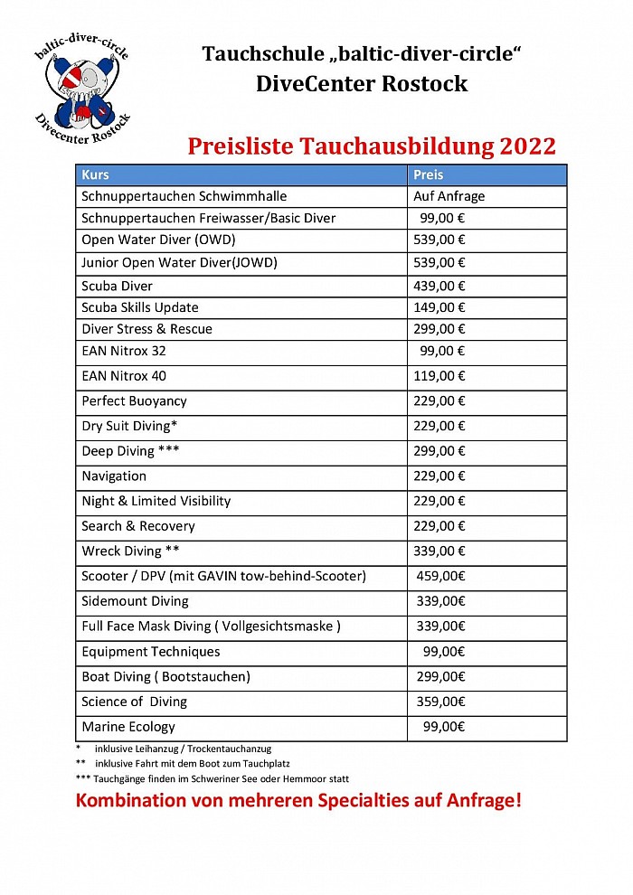 Preise Tauchausbildung 2022